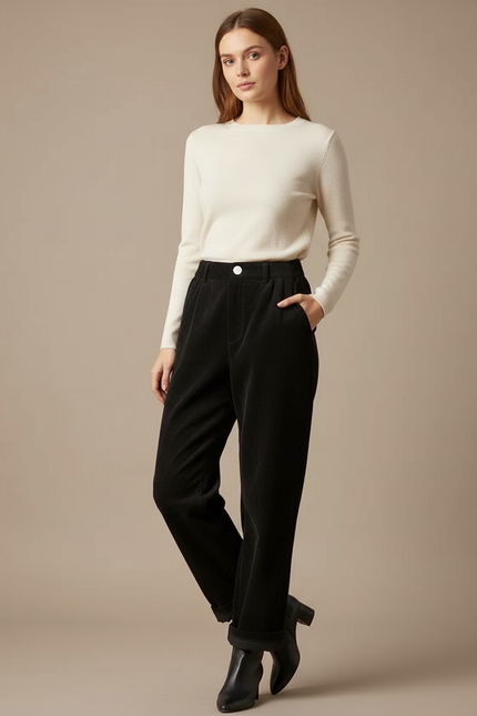 Pantalon Noir Côtelé Droit Taille Haute Femme - Cordé