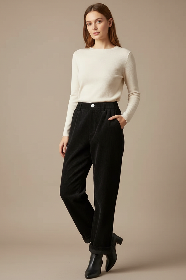 Pantalon Noir Côtelé Droit Taille Haute Femme - Cordé