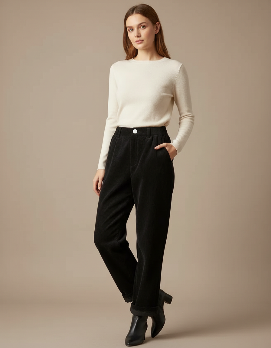 Pantalon Noir Côtelé Droit Taille Haute Femme - Cordé