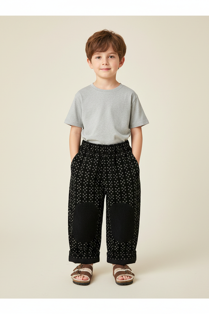 Pantalon Noir Ample Motif Patchs Genoux Enfant - Cordé