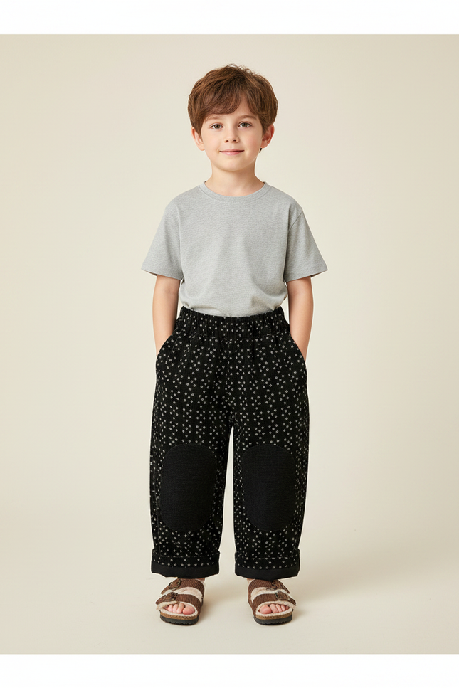 Pantalon Noir Ample Motif Patchs Genoux Enfant - Cordé