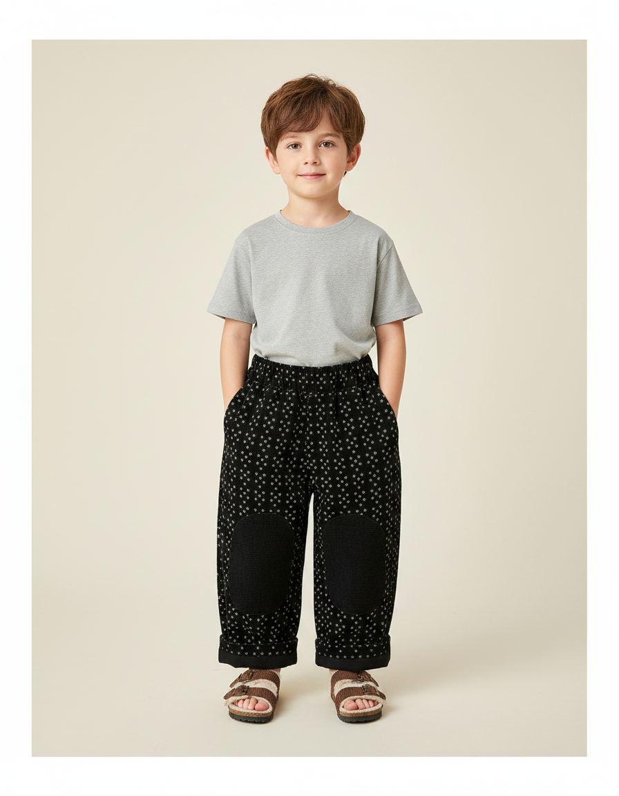 Pantalon Noir Ample Motif Patchs Genoux Enfant - Cordé