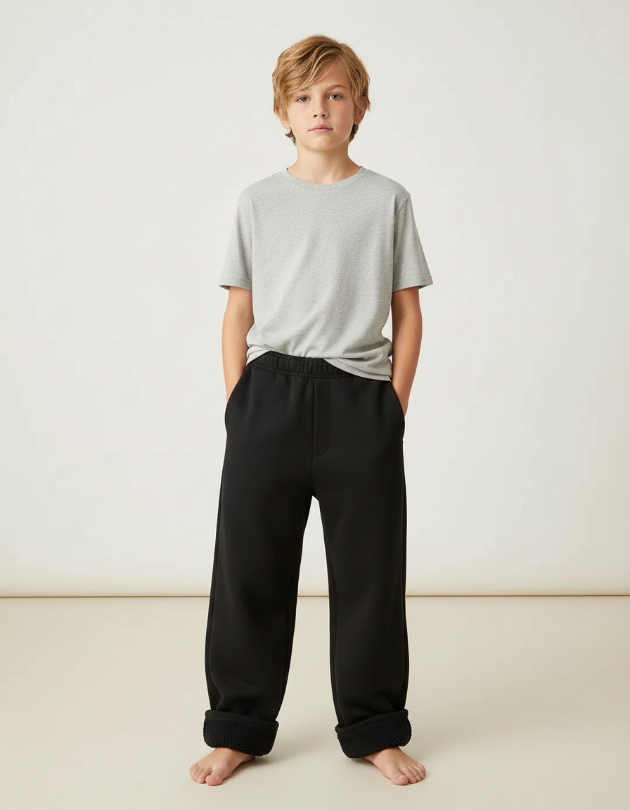 Pantalon Noir Doublé Polaire Hiver Enfant Ample - Molleton