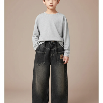 Pantalon Noir Jean Ample Décontracté Garçon