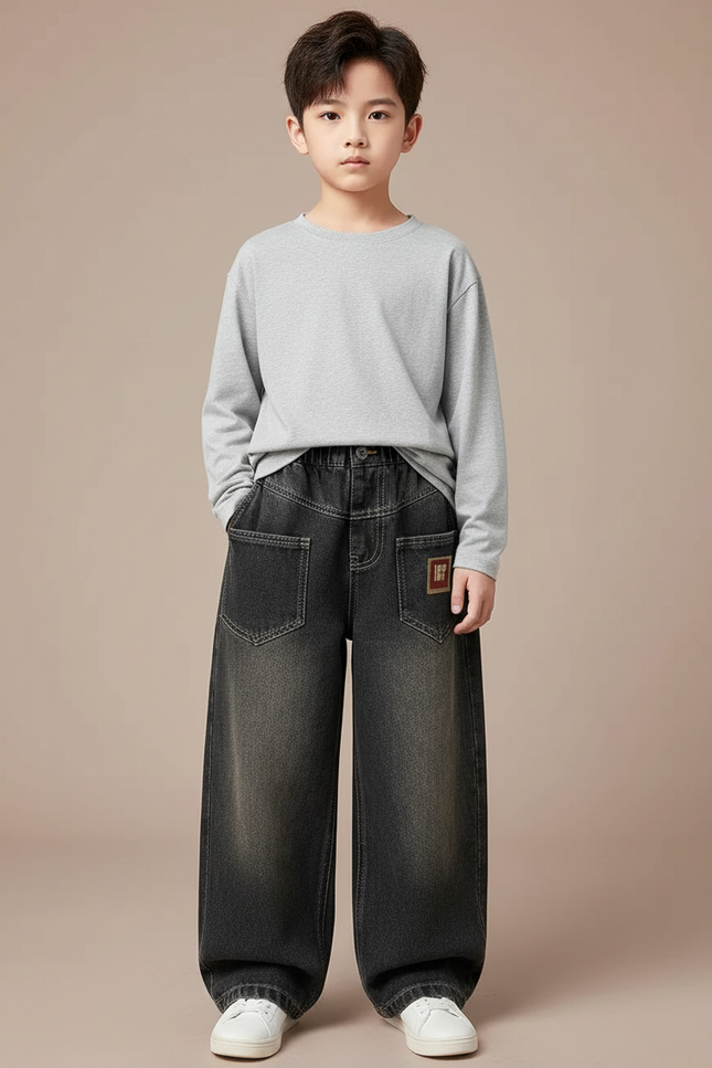 Pantalon Noir Jean Ample Décontracté Garçon