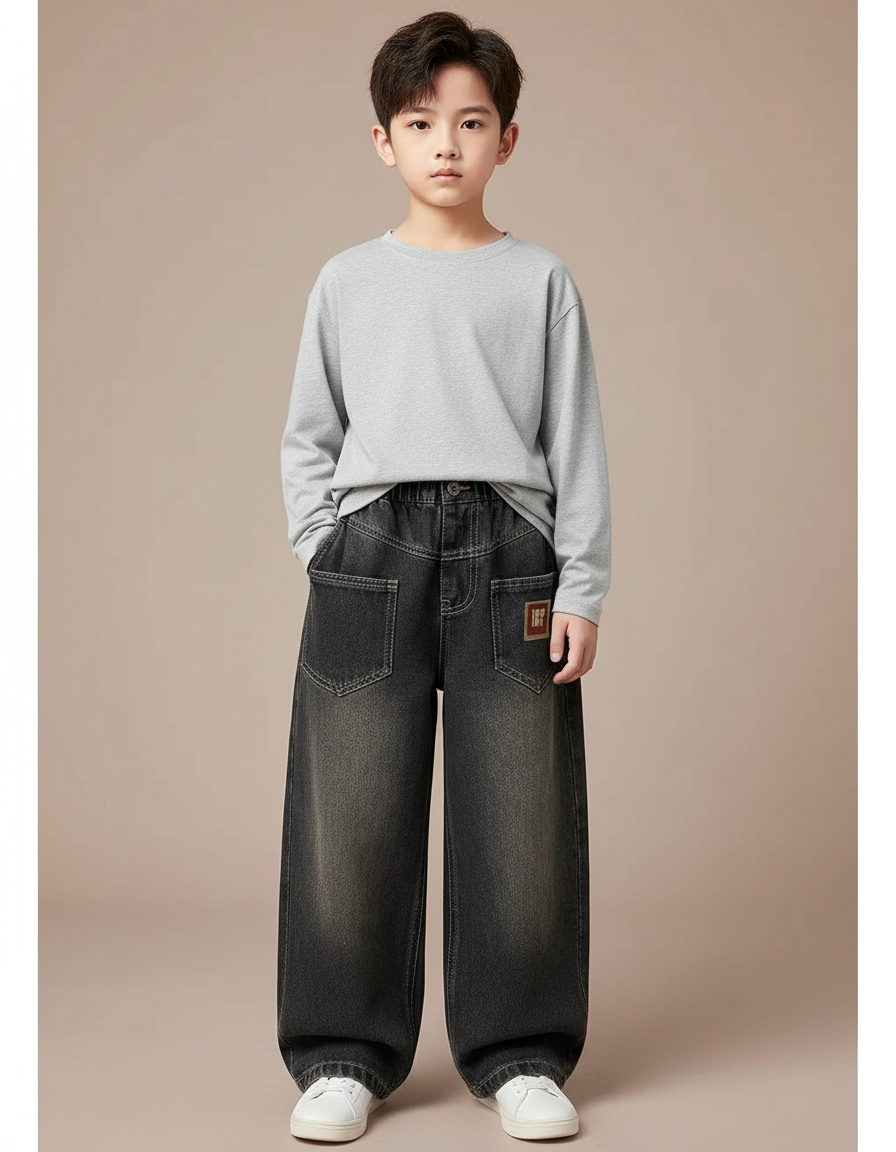 Pantalon Noir Jean Ample Décontracté Garçon