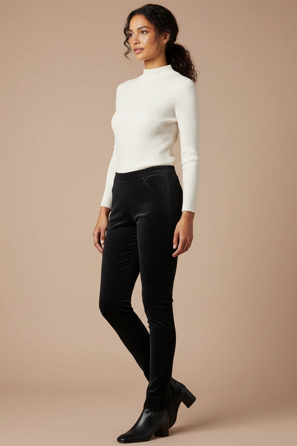 Pantalon Noir Côtelé Slim Confortable Femme - Cordé