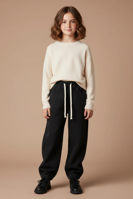Pantalon Noir Ample Décontracté Cordon Fille - Molleton