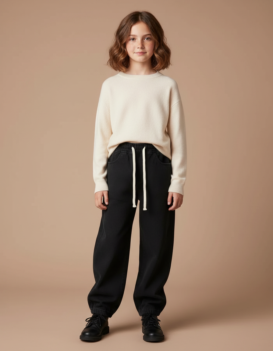 Pantalon Noir Ample Décontracté Cordon Fille - Molleton
