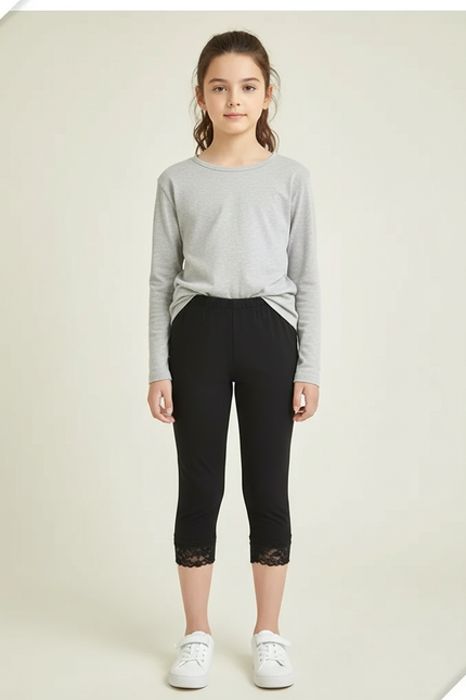Pantalon Noir Capri Dentelle Fille Confortable - Polyester