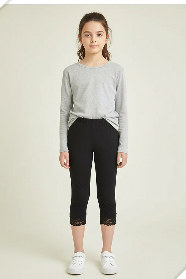 Pantalon Noir Capri Dentelle Fille Confortable - Polyester