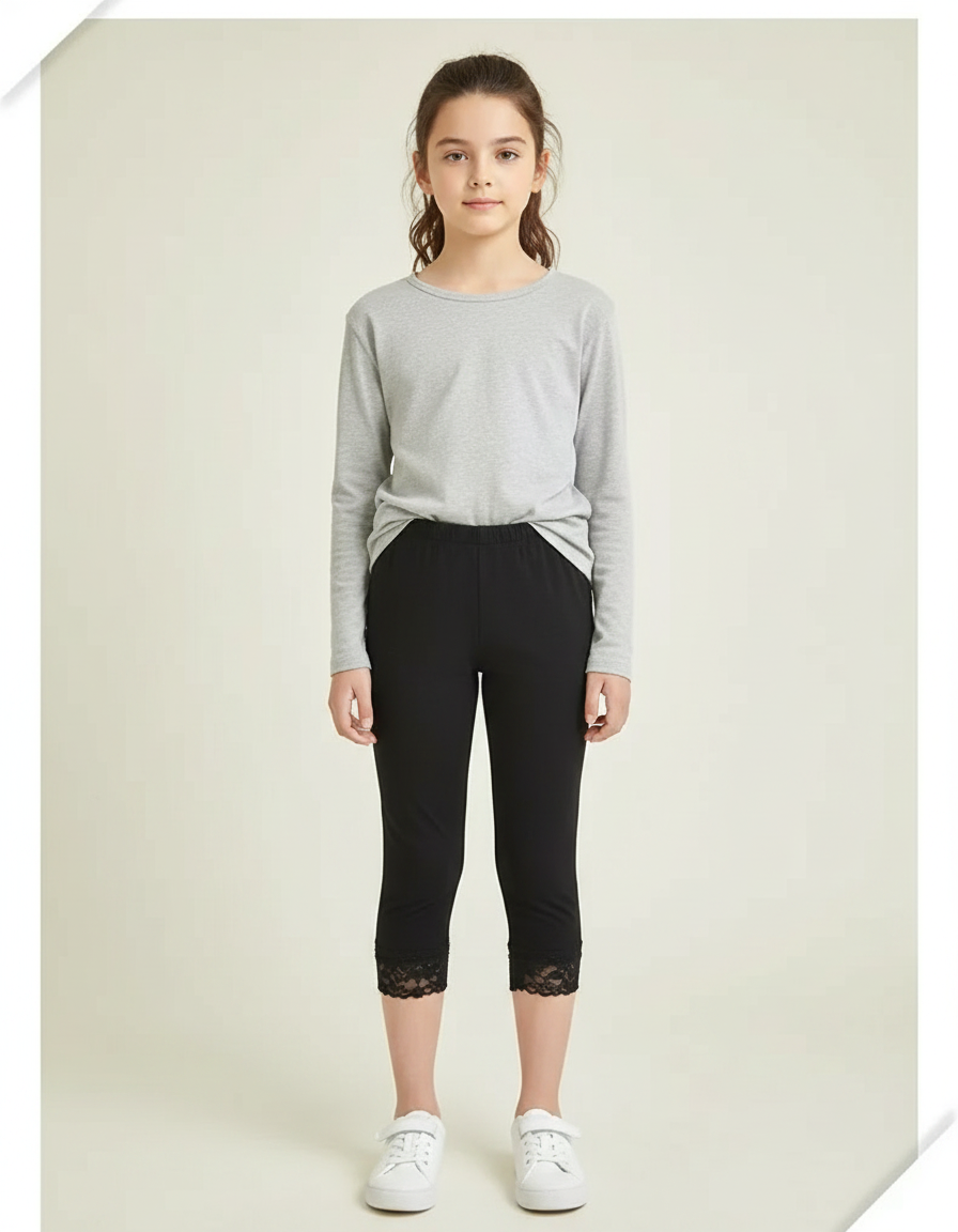 Pantalon Noir Capri Dentelle Fille Confortable - Polyester