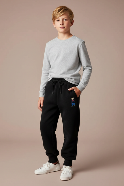 Pantalon Noir Molletonné Brodé Garçon Confortable