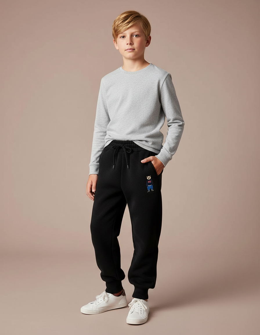 Pantalon Noir Molletonné Brodé Garçon Confortable