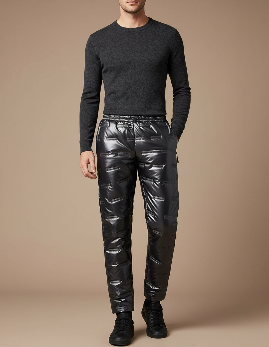 Pantalon Noir Matelassé Brillant Imperméable Hiver Homme - Polyester