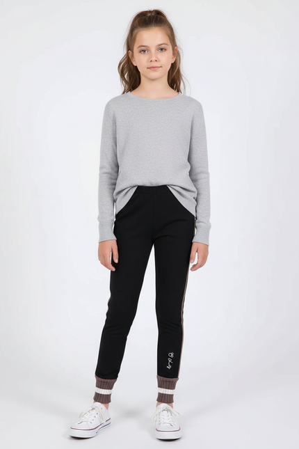 Pantalon Noir Molletonné Enfant Décontracté Rayures