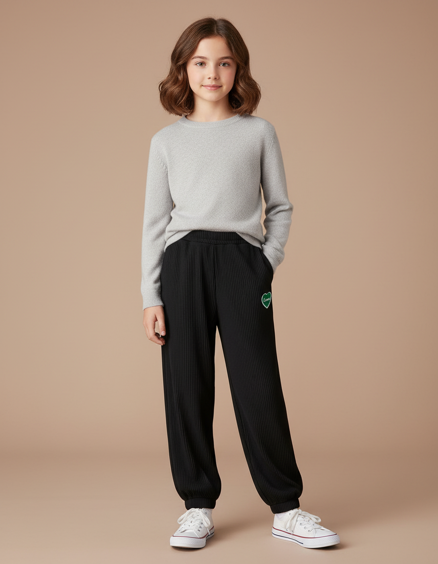 Pantalon Noir Côtelé Ample Décontracté Enfant - Cordé