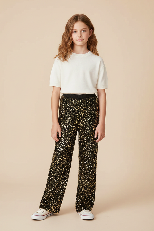 Pantalon Noir Paillettes Dorées Ample Décontracté Fille - Polyester