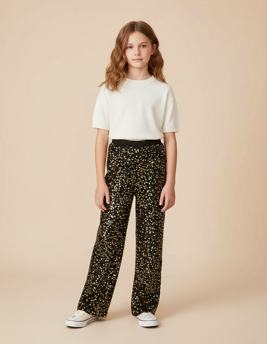 Pantalon Noir Paillettes Dorées Ample Décontracté Fille - Polyester