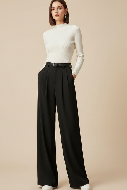 Pantalon Noir Large Fluide Élégant Femme - Polyester