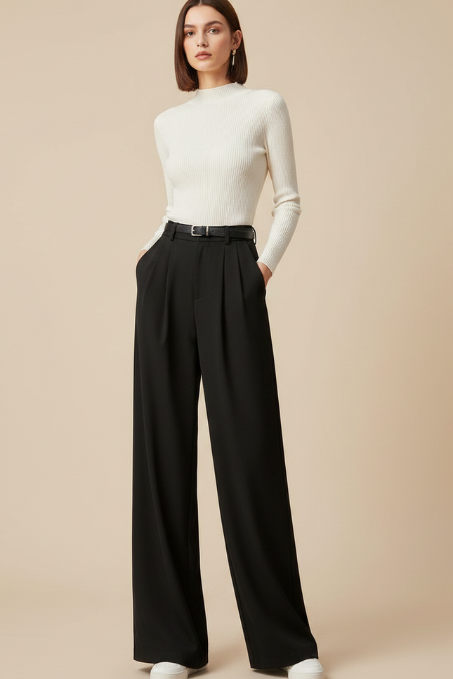Pantalon Noir Large Fluide Élégant Femme - Polyester