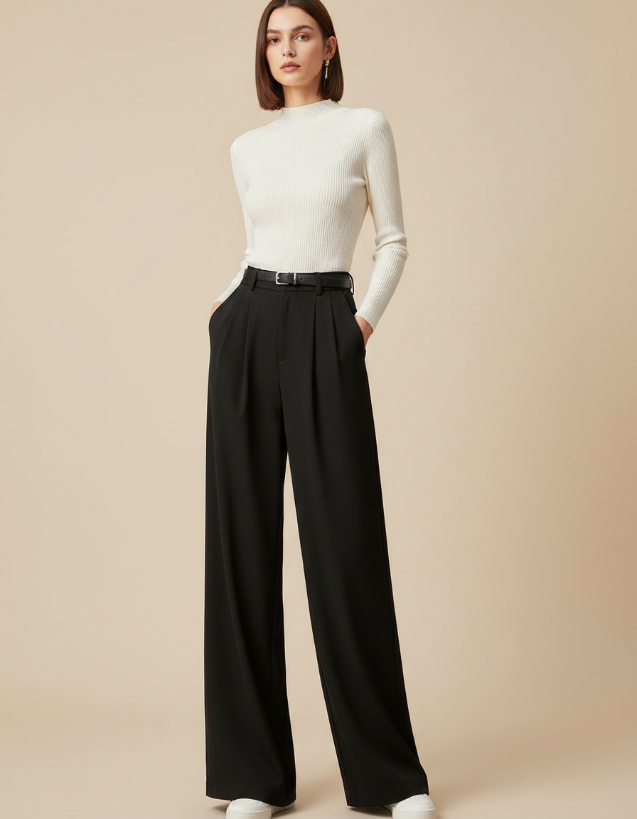 Pantalon Noir Large Fluide Élégant Femme - Polyester