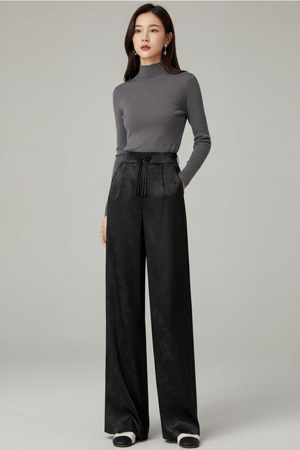 Pantalon Fluide Noir A Fleur - Satin