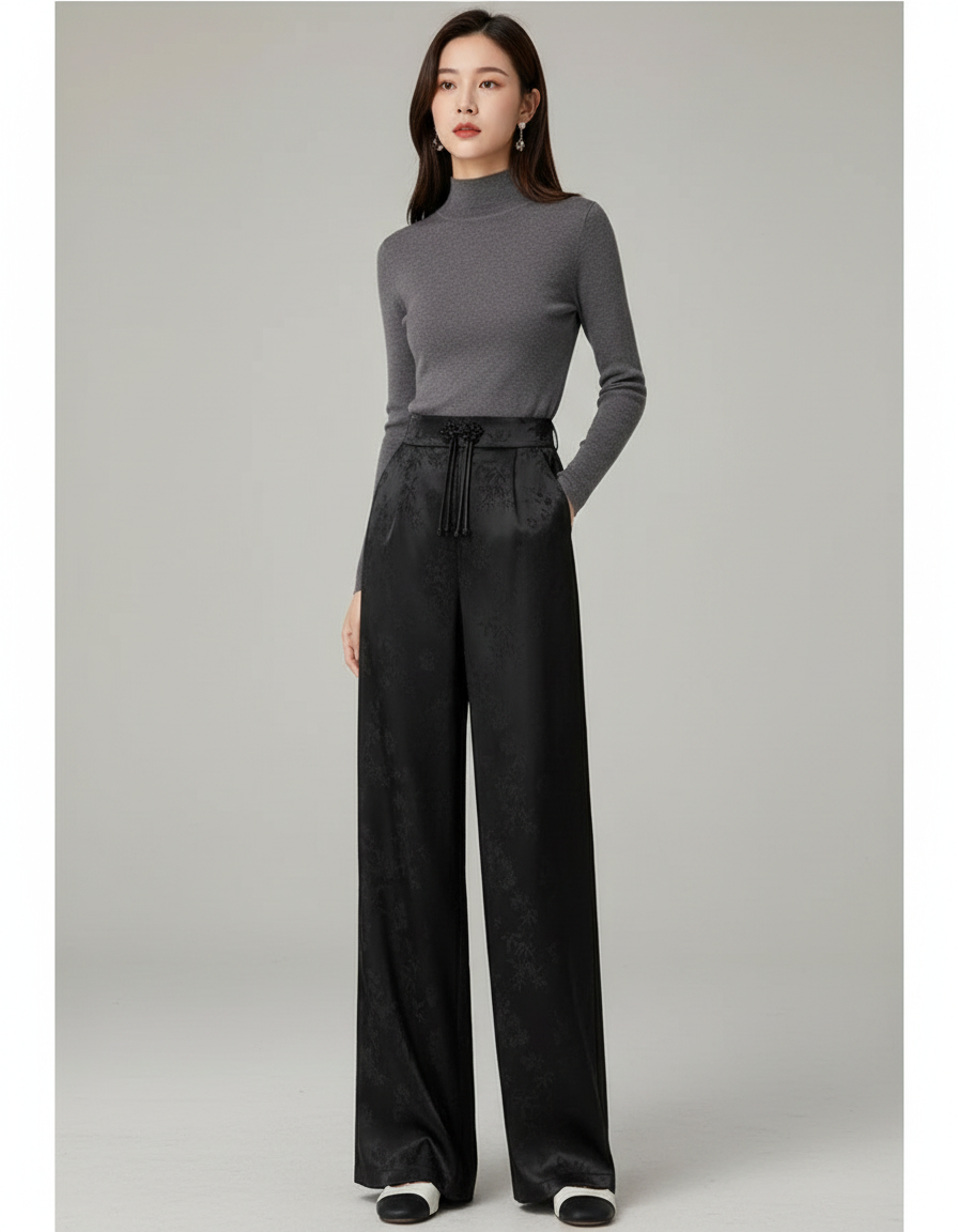 Pantalon Fluide Noir A Fleur - Satin