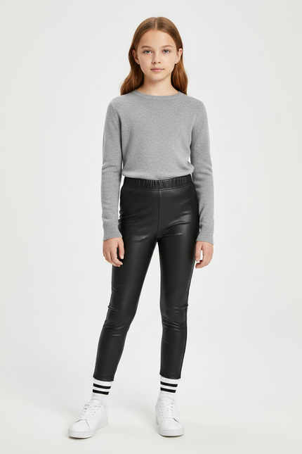 Pantalon Noir Similicuir Fille Moulant Élégant Hiver - Simili cuir
