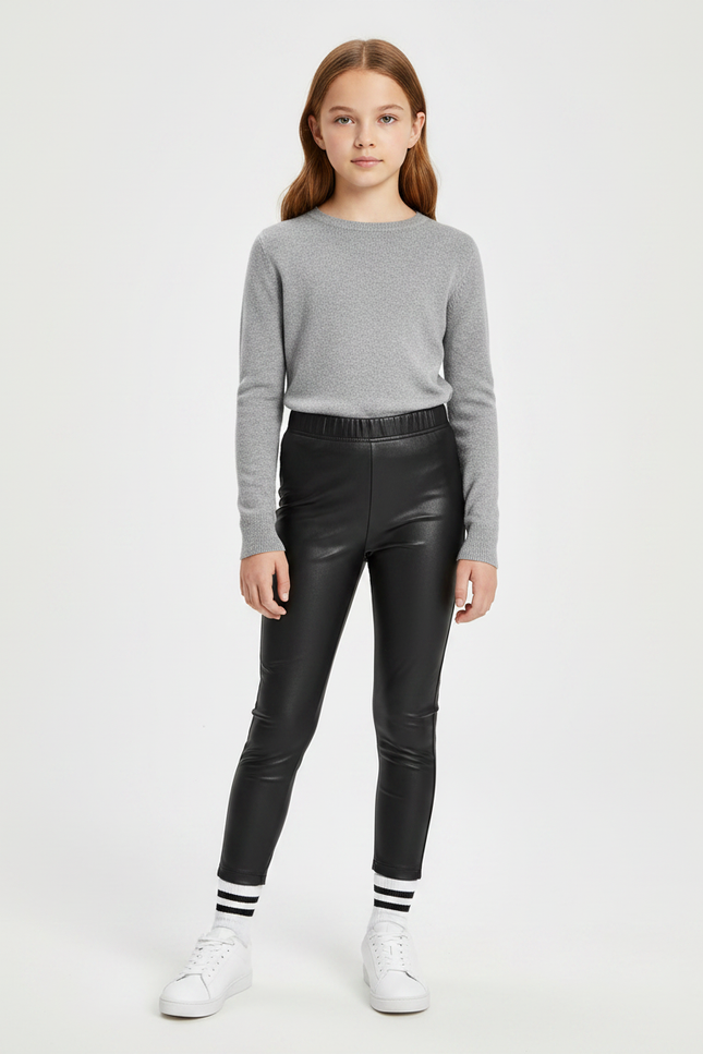 Pantalon Noir Similicuir Fille Moulant Élégant Hiver - Simili cuir