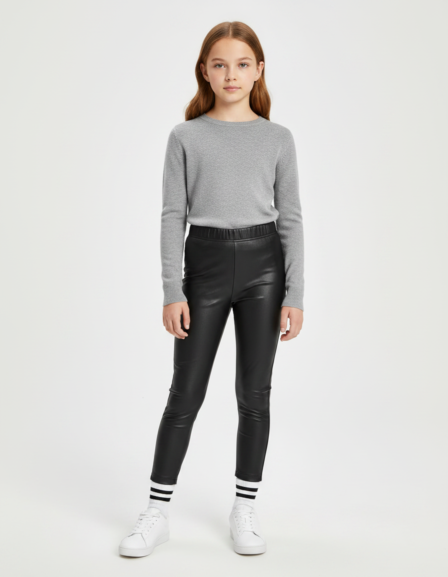 Pantalon Noir Similicuir Fille Moulant Élégant Hiver - Simili cuir