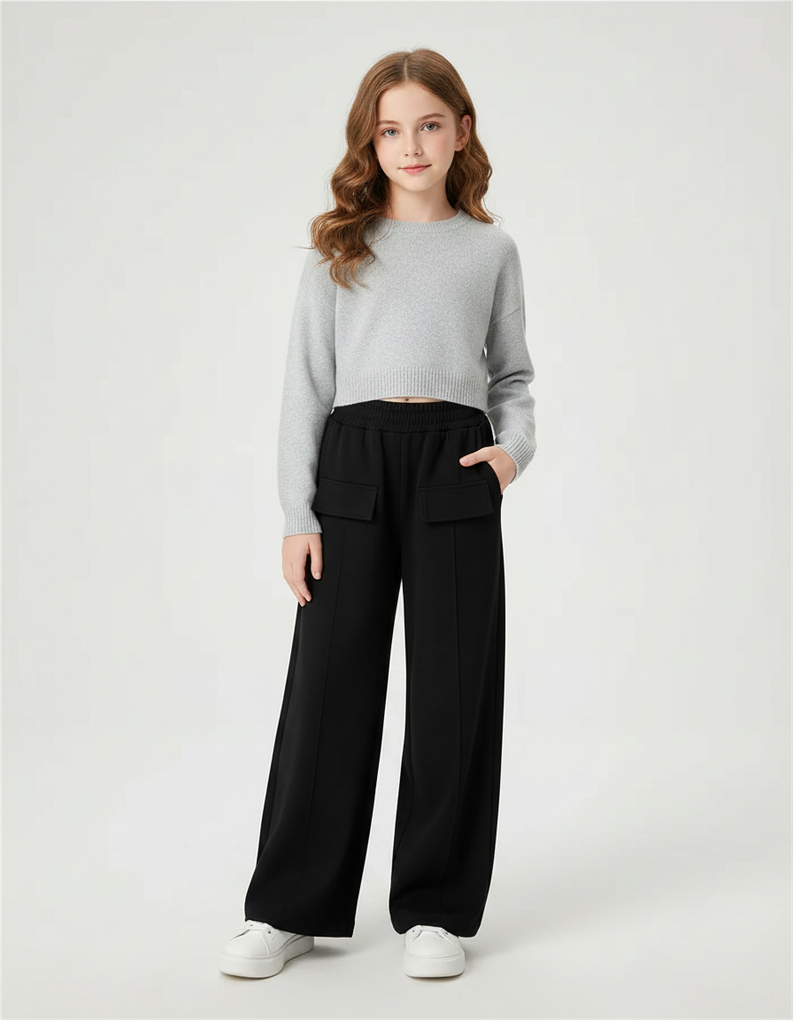 Pantalon Noir Ample Fille Décontracté Confortable - Maille