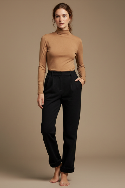 Pantalon Noir Taille Haute Droit Doux Confortable - Molleton