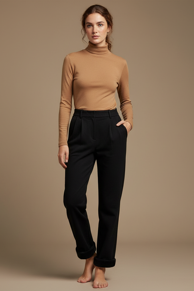 Pantalon Noir Taille Haute Droit Doux Confortable - Molleton