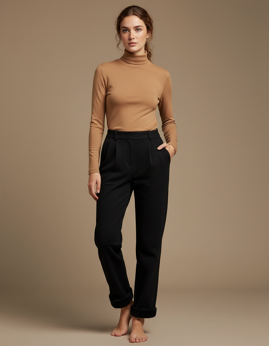 Pantalon Noir Taille Haute Droit Doux Confortable - Molleton