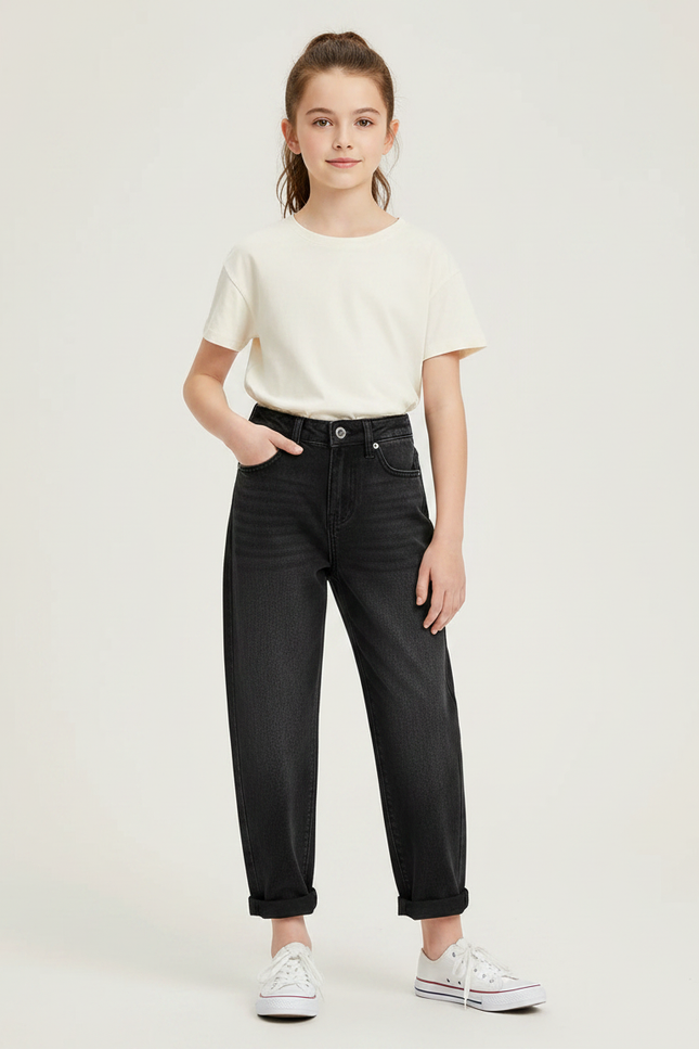 Pantalon Noir Jeans Ample Taille Haute Fille
