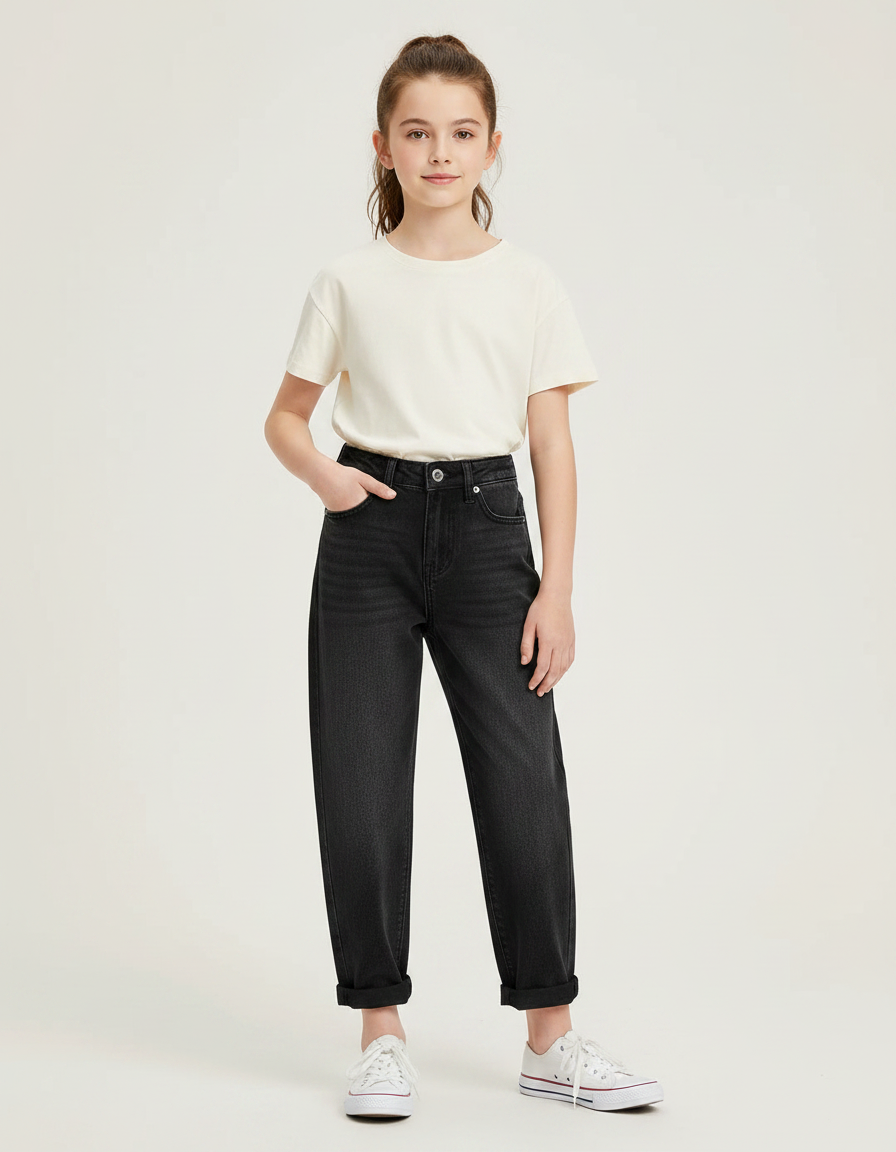 Pantalon Noir Jeans Ample Taille Haute Fille
