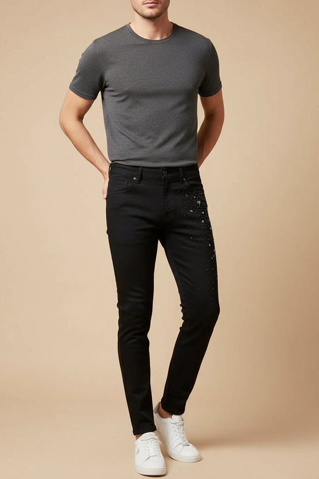 Pantalon Noir Slim Décoré Strass Homme Tendance - Jean