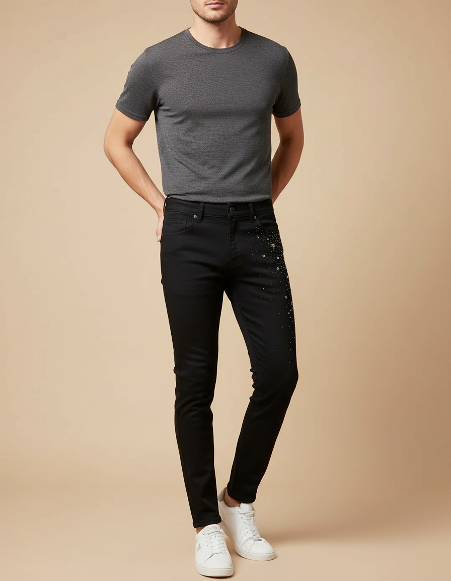 Pantalon Noir Slim Décoré Strass Homme Tendance - Jean