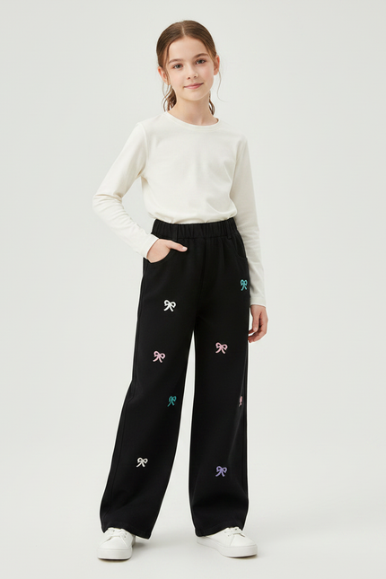 Pantalon Noir Brodé Bows Ample Fille - Molleton