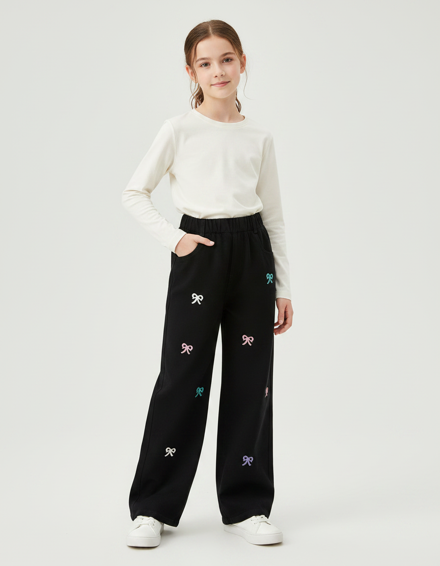 Pantalon Noir Brodé Bows Ample Fille - Molleton