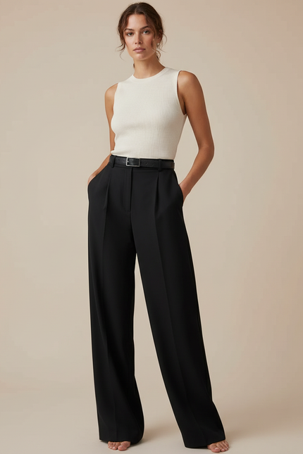 Pantalon Noir Taille Haute Large Fluide Élégant Femme - Gabardine
