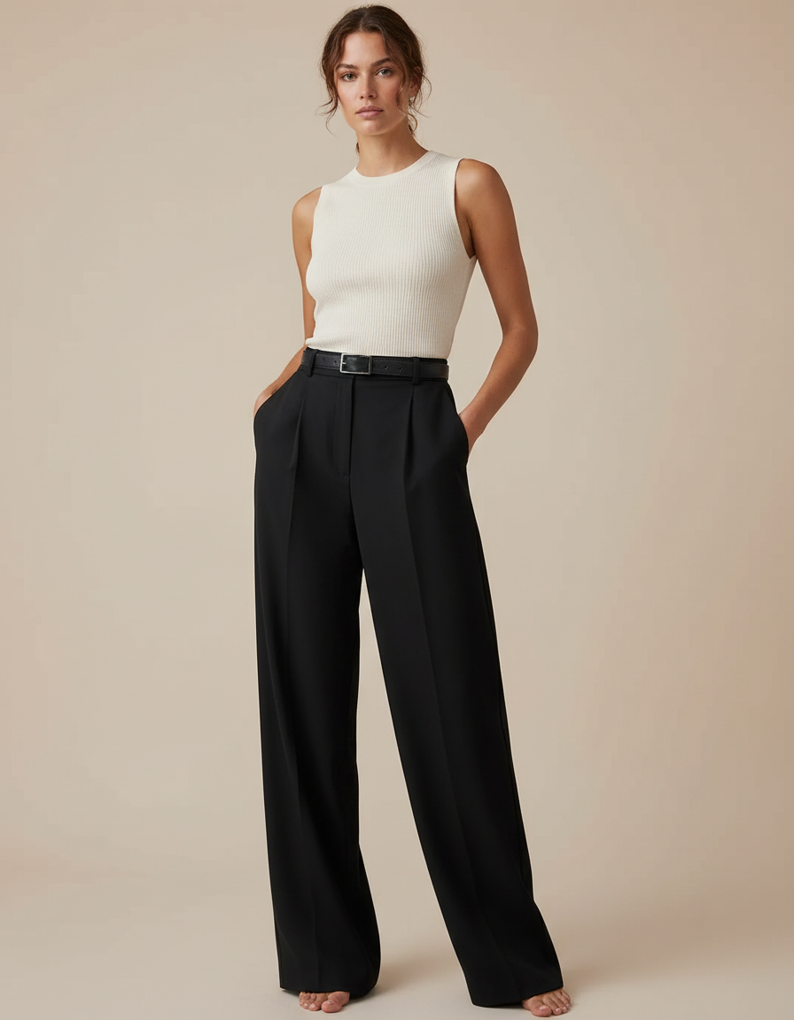 Pantalon Noir Taille Haute Large Fluide Élégant Femme - Gabardine