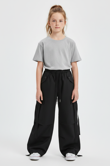 Pantalon Noir Cargo Ample Cordon Décontracté Fille - Polyester