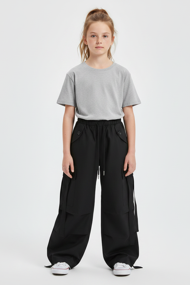 Pantalon Noir Cargo Ample Cordon Décontracté Fille - Polyester