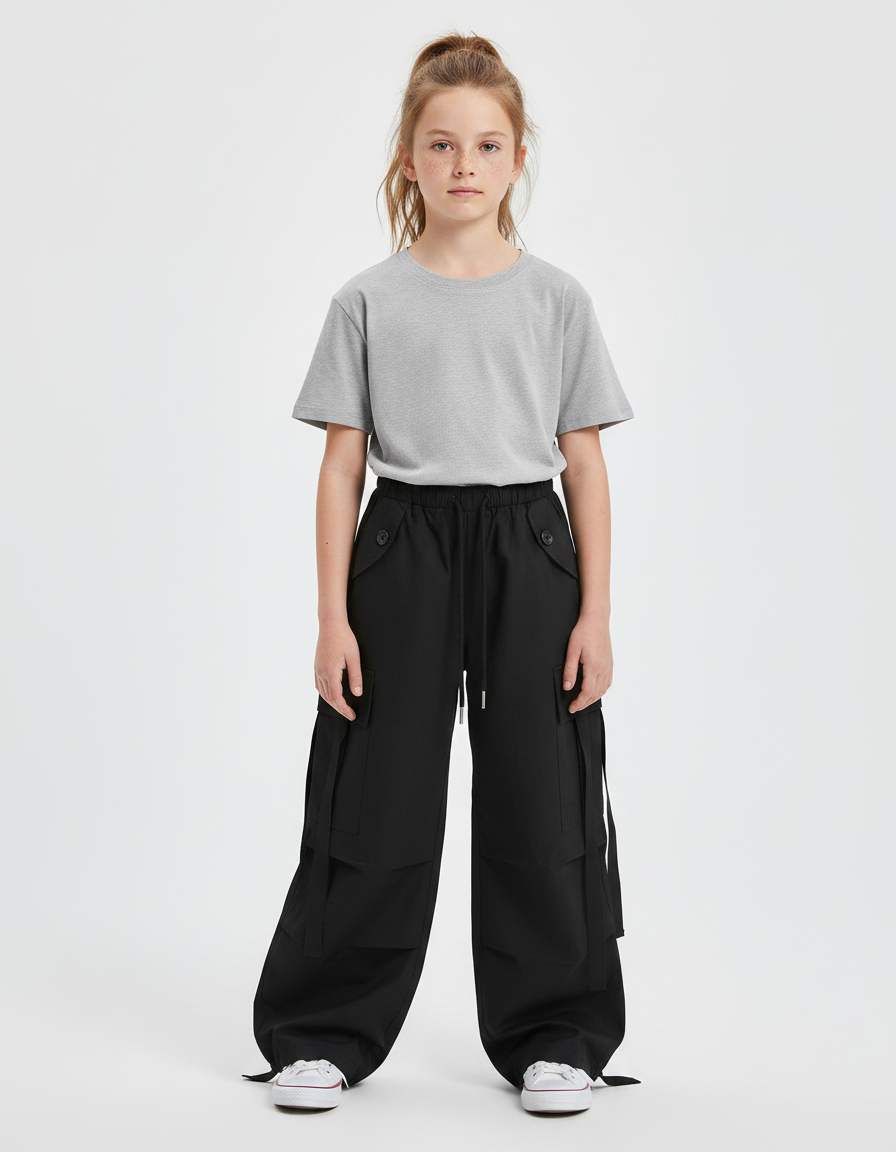 Pantalon Noir Cargo Ample Cordon Décontracté Fille - Polyester