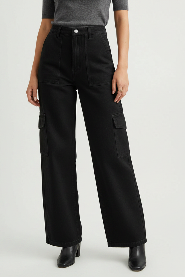 Pantalon Noir Cargo, Large, Taille Haute, Décontracté, Femme - Jean
