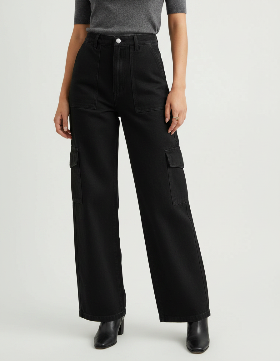 Pantalon Noir Cargo, Large, Taille Haute, Décontracté, Femme - Jean