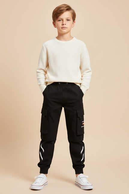 Pantalon Noir Cargo Coton Poches Garçon Streetwear