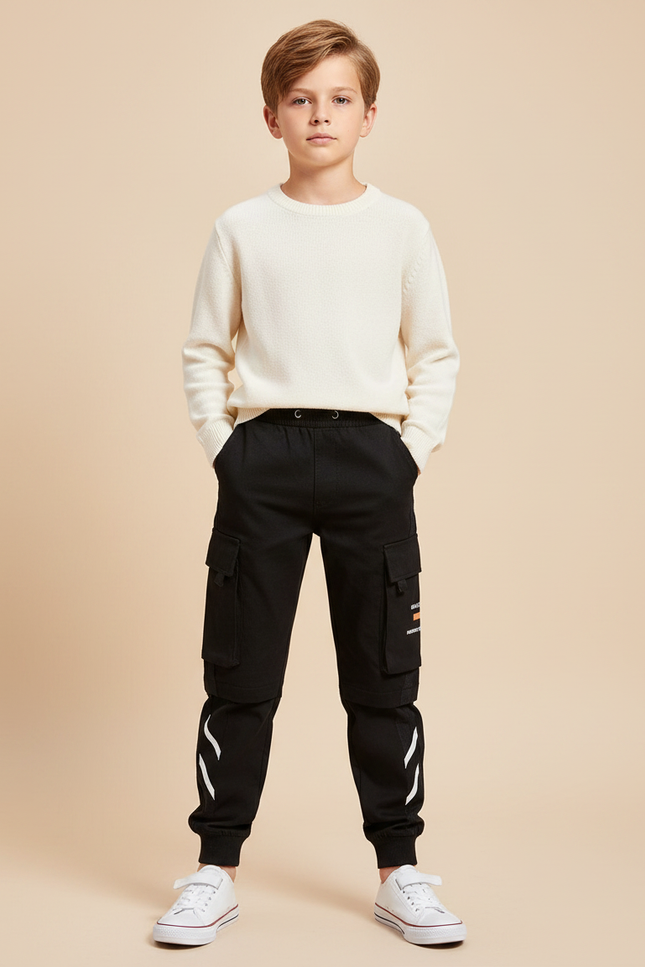 Pantalon Noir Cargo Coton Poches Garçon Streetwear